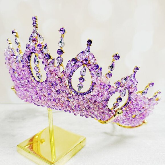 Gold Princess Crown, Prom headpiece, Bridal tiara, Purple Crystal wedding crown main image 8
